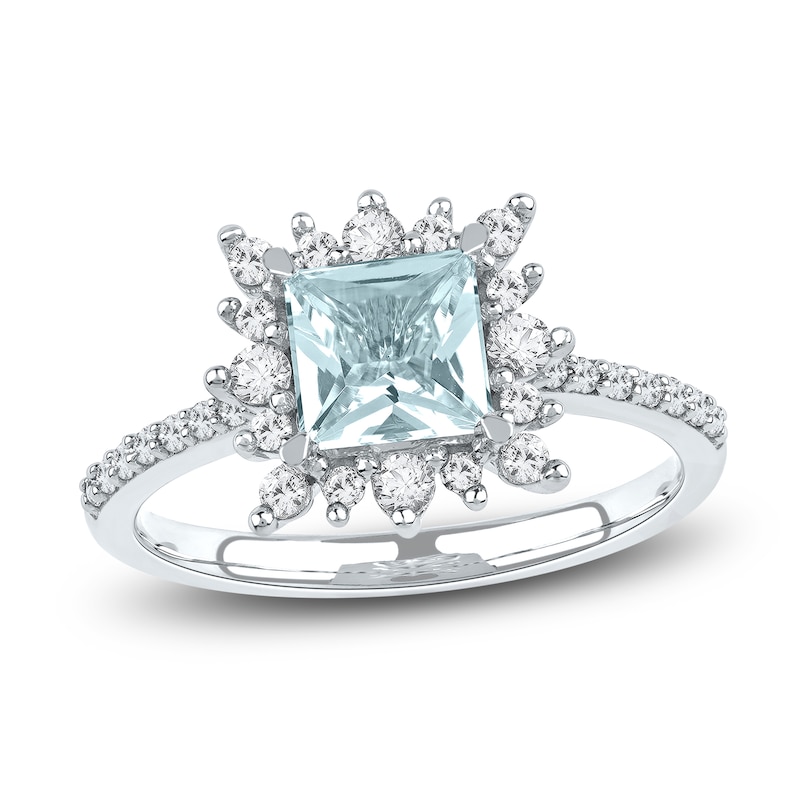 Square-Cut Natural Aquamarine & Lab-Created White Sapphire Ring 3/8 ct tw Diamonds 14K White Gold