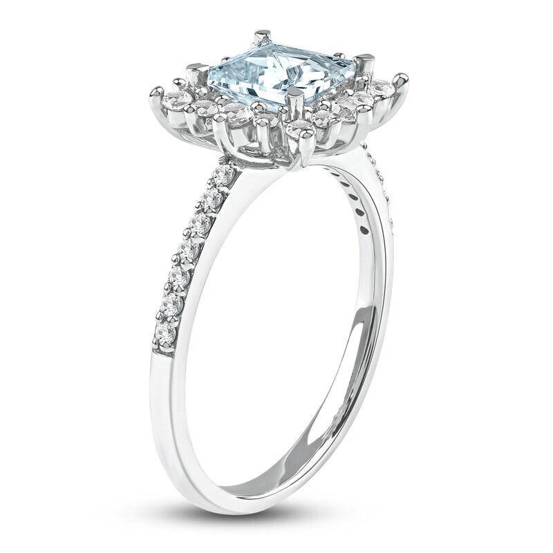 Square-Cut Natural Aquamarine & Lab-Created White Sapphire Ring 3/8 ct tw Diamonds 14K White Gold