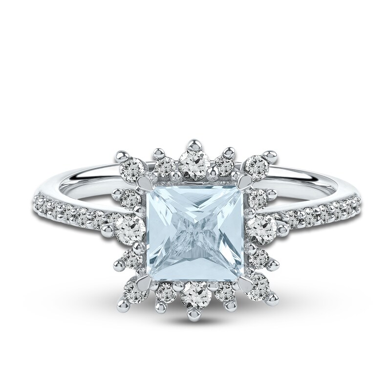 Square-Cut Natural Aquamarine & Lab-Created White Sapphire Ring 3/8 ct tw Diamonds 14K White Gold