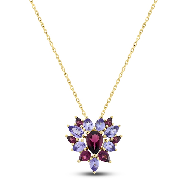 Natural Tanzanite, Garnet Necklace 10K Yellow Gold