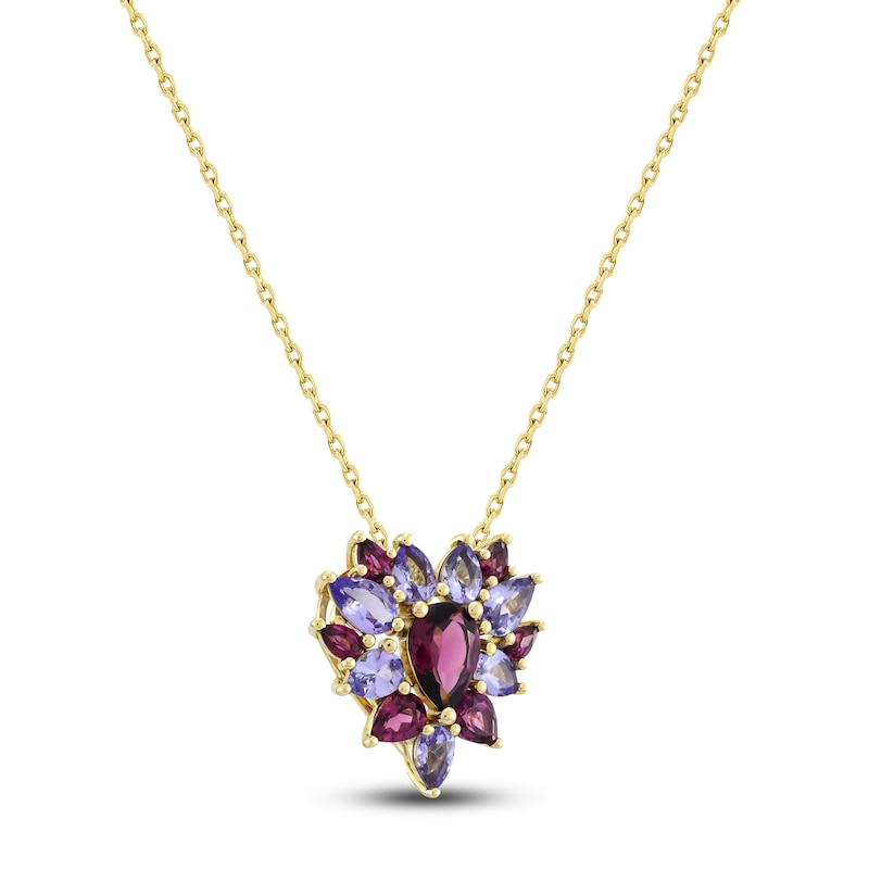 Natural Tanzanite, Garnet Necklace 10K Yellow Gold