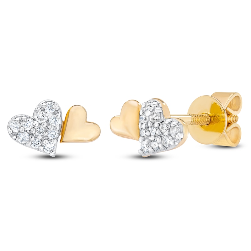 Diamond Double Heart Stud Earrings 1/10 ct tw 14K Yellow Gold