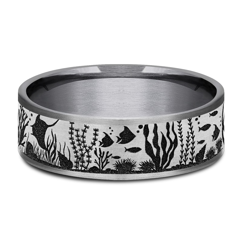 Main Image 3 of Men's Ocean Scene Comfort-Fit Wedding Band 7.5mm Tantalum & Matte Gray Titanium