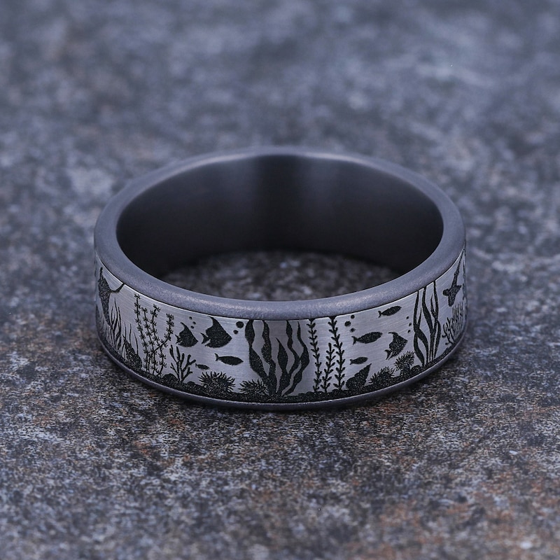 Main Image 4 of Men's Ocean Scene Comfort-Fit Wedding Band 7.5mm Tantalum & Matte Gray Titanium