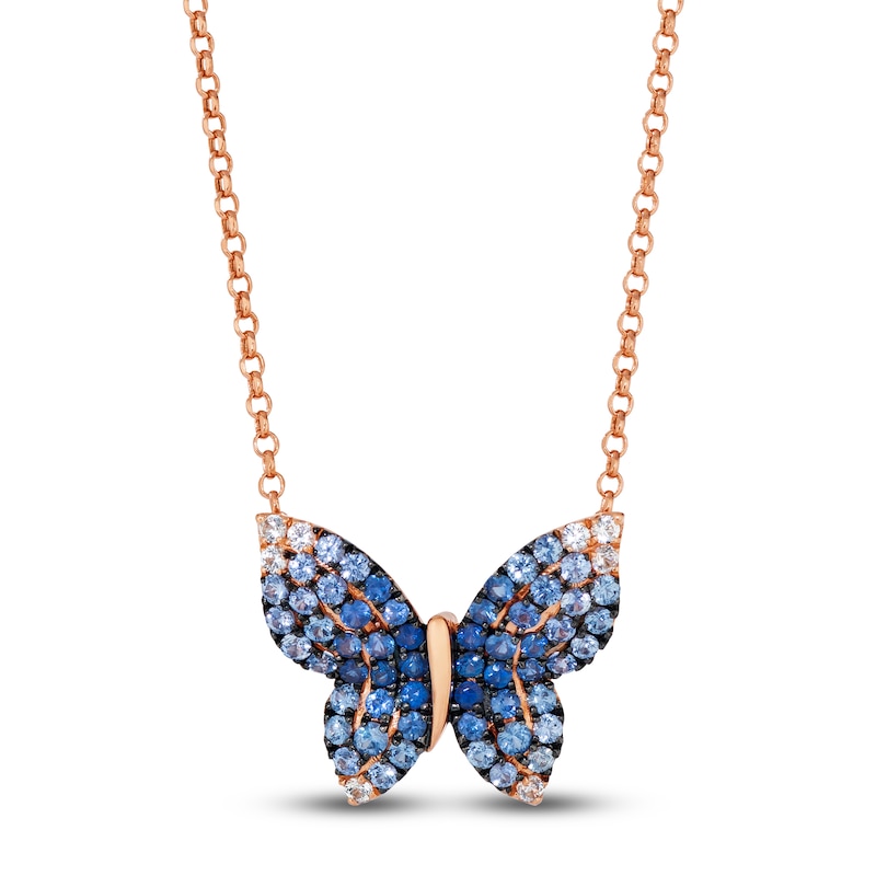 Main Image 1 of Le Vian Denim Ombré Sapphire Butterfly Necklace 14K Strawberry Gold 18"