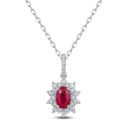 Oval-Cut Natural Ruby & Diamond Starburst Halo Necklace 1/5 ct tw 14K White Gold 18"
