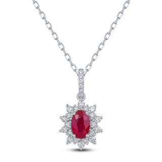 Oval-Cut Natural Ruby & Diamond Starburst Halo Necklace 1/5 ct tw 14K White Gold 18"