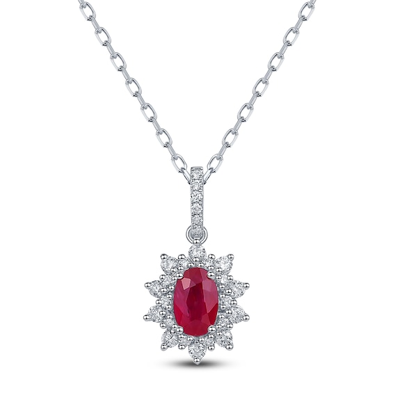 Oval-Cut Natural Ruby & Diamond Starburst Halo Necklace 1/5 ct tw 14K White Gold 18"