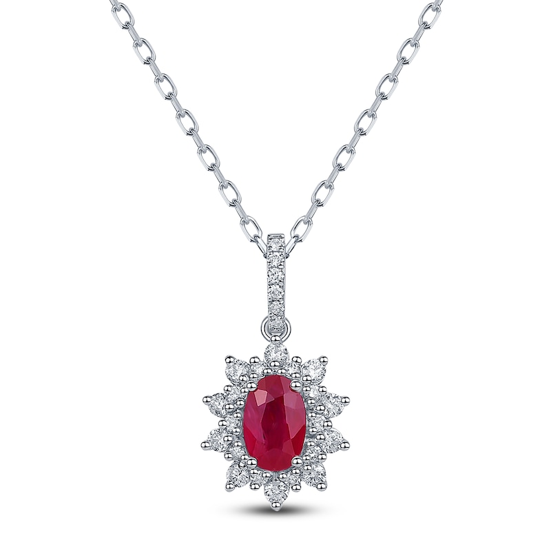 Main Image 1 of Oval-Cut Natural Ruby & Diamond Starburst Halo Necklace 1/5 ct tw 14K White Gold 18"
