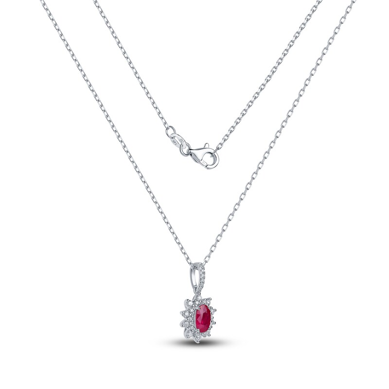 Main Image 2 of Oval-Cut Natural Ruby & Diamond Starburst Halo Necklace 1/5 ct tw 14K White Gold 18"