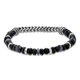 Men's Natural Labradorite, Hematite & Black Agate Bead Bracelet Stainless Steel 8.5"