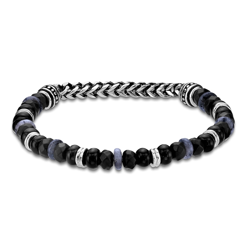 Main Image 1 of Men's Natural Labradorite, Hematite & Black Agate Bead Bracelet Stainless Steel 8.5"