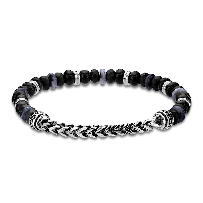 Main Image 2 of Men's Natural Labradorite, Hematite & Black Agate Bead Bracelet Stainless Steel 8.5"
