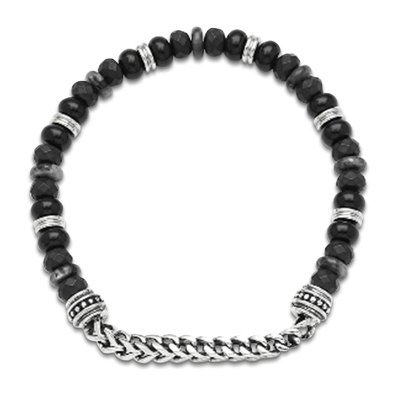 Main Image 4 of Men's Natural Labradorite, Hematite & Black Agate Bead Bracelet Stainless Steel 8.5"