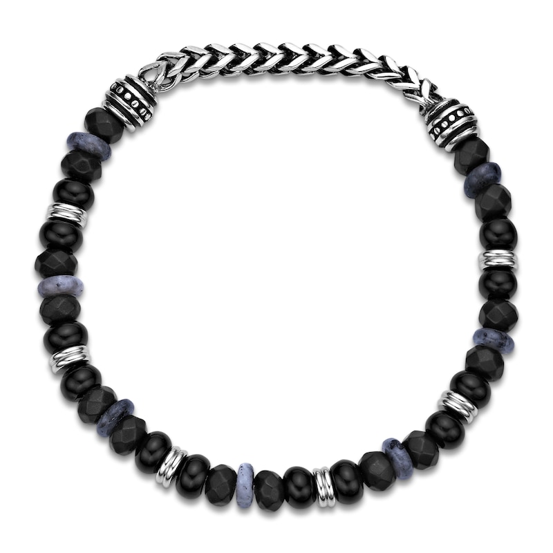 Main Image 5 of Men's Natural Labradorite, Hematite & Black Agate Bead Bracelet Stainless Steel 8.5"