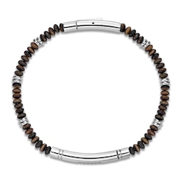 Men's Natural Tiger's Eye Bead & Black Spinel Curved Bar Bracelet Stainless Steel 8.25"