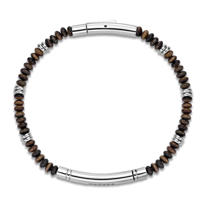 Main Image 1 of Men's Natural Tiger's Eye Bead & Black Spinel Curved Bar Bracelet Stainless Steel 8.25"