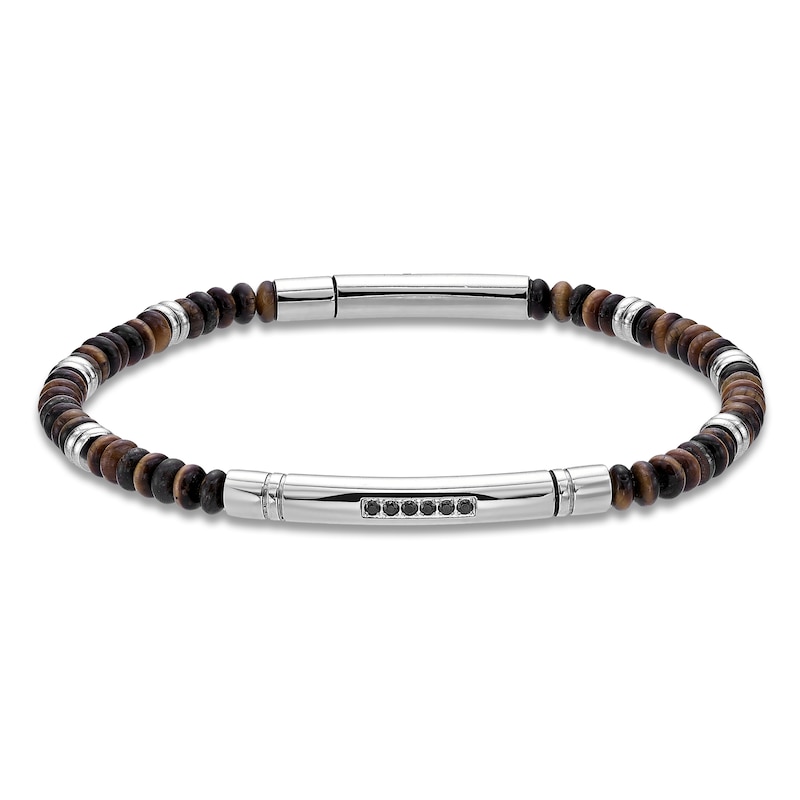 Main Image 2 of Men's Natural Tiger's Eye Bead & Black Spinel Curved Bar Bracelet Stainless Steel 8.25"