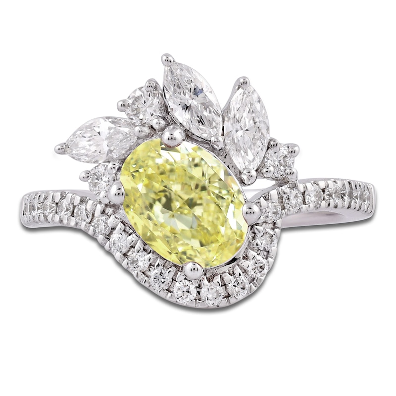 Main Image 3 of Oval-Cut Yellow Lab-Grown Diamond & White Lab-Grown Diamond Engagement Ring 2-1/4 ct tw 14K White Gold