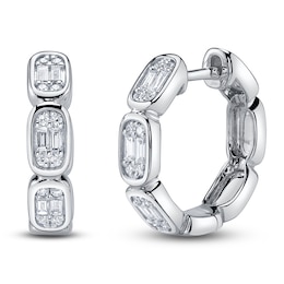 Shy Creation Baguette & Round-Cut Multi-Diamond Hoop Earrings 1/3 ct tw 14K White Gold SC55027056D0.65