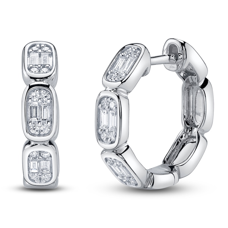 Main Image 1 of Shy Creation Baguette & Round-Cut Multi-Diamond Hoop Earrings 1/3 ct tw 14K White Gold SC55027056D0.65