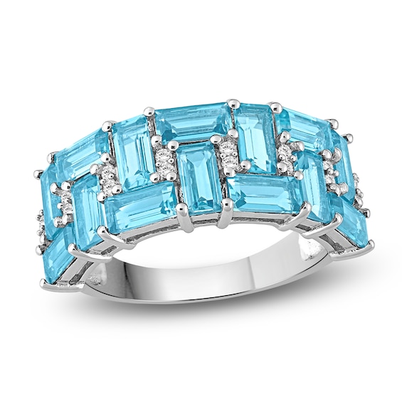 Baguette-Cut Natural Swiss Blue Topaz & Diamond Ring 1/6 ct tw Sterling Silver