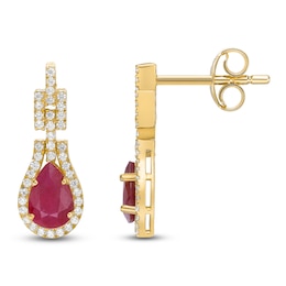 Pear-Shaped Natural Ruby & Diamond Drop Earrings 1/4 ct tw 10K Yellow Gold