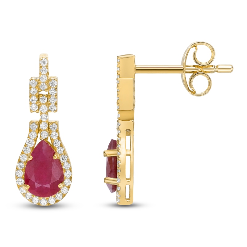 Main Image 1 of Pear-Shaped Natural Ruby & Diamond Drop Earrings 1/4 ct tw 10K Yellow Gold