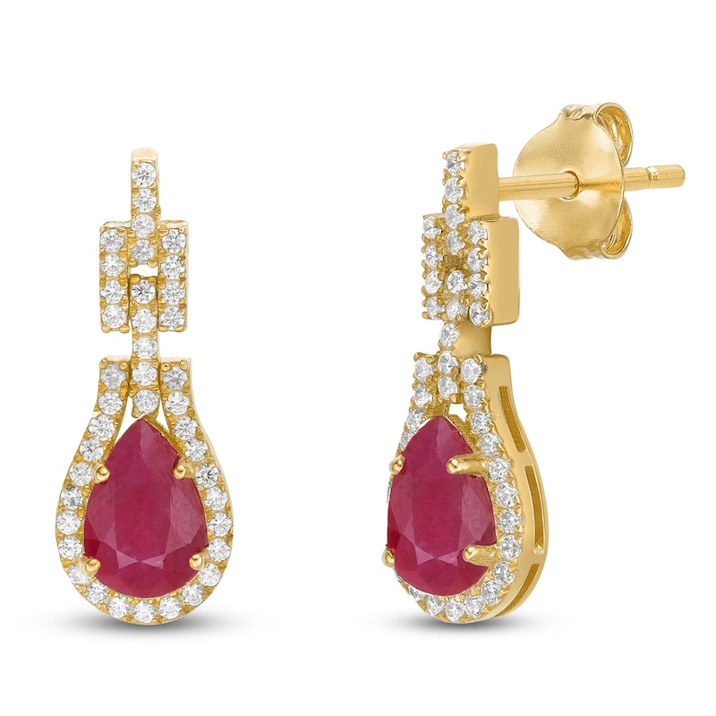 Main Image 2 of Pear-Shaped Natural Ruby & Diamond Drop Earrings 1/4 ct tw 10K Yellow Gold