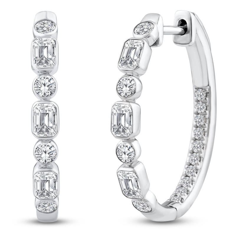 Main Image 2 of Round & Emerald-Cut Lab-Grown Diamond Inside-Out Oval Hoop Earrings 1-1/2 ct tw 14K White Gold