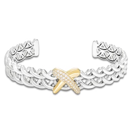 Unspoken Crossover Diamond Bangle Bracelet 1/3 ct tw 7mm Sterling Silver & 14K Yellow Gold 7"
