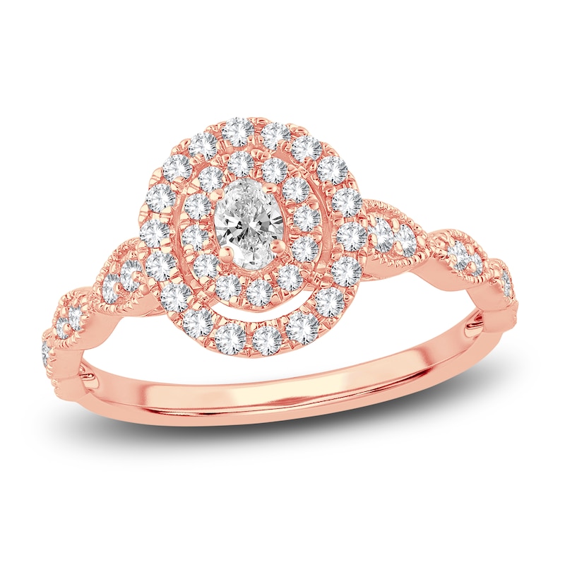 Main Image 1 of Diamond Double Halo Engagement Ring 1/2 ct tw Oval/Round 14K Rose Gold
