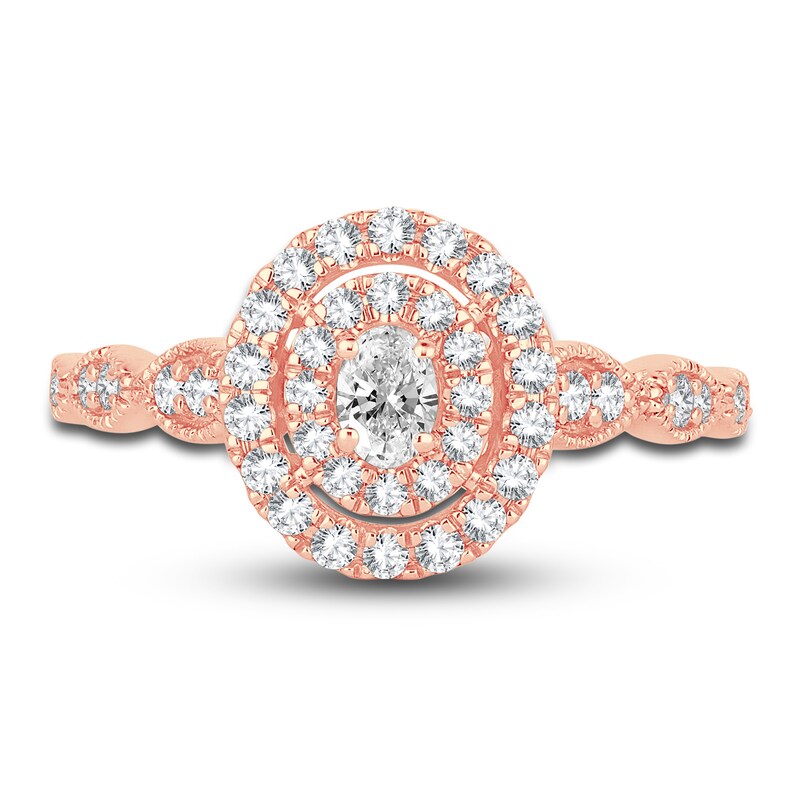 Main Image 3 of Diamond Double Halo Engagement Ring 1/2 ct tw Oval/Round 14K Rose Gold
