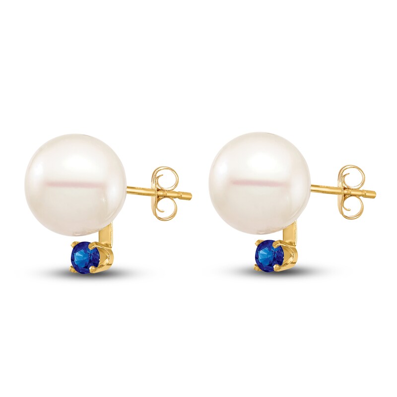 Main Image 2 of Freshwater Cultured Pearl & Natural Blue Sapphire Stud Earrings 14K Yellow Gold