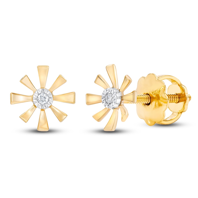 Diamond Accent Flower Stud Earrings 14K Yellow Gold