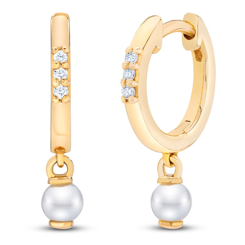 Main Image 2 of Freshwater Cultured Pearl & Diamond Accents Dangle Hoop Earrings 14K Yellow Gold