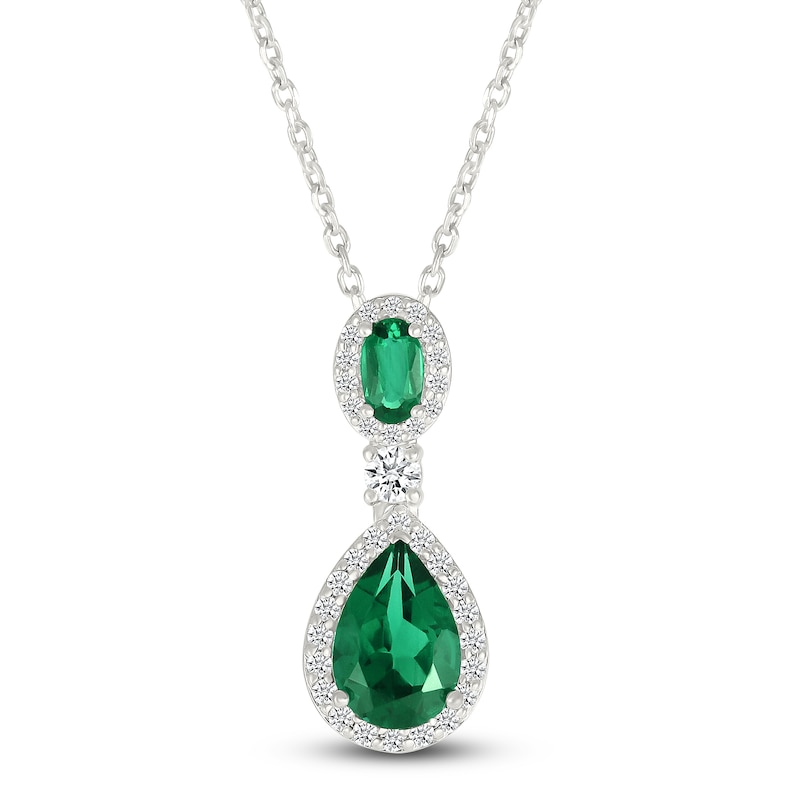 Main Image 1 of Oval-Cut & Pear-Shaped Lab-Created Emerald & White Lab-Created Sapphire Drop Necklace Sterling Silver 18"