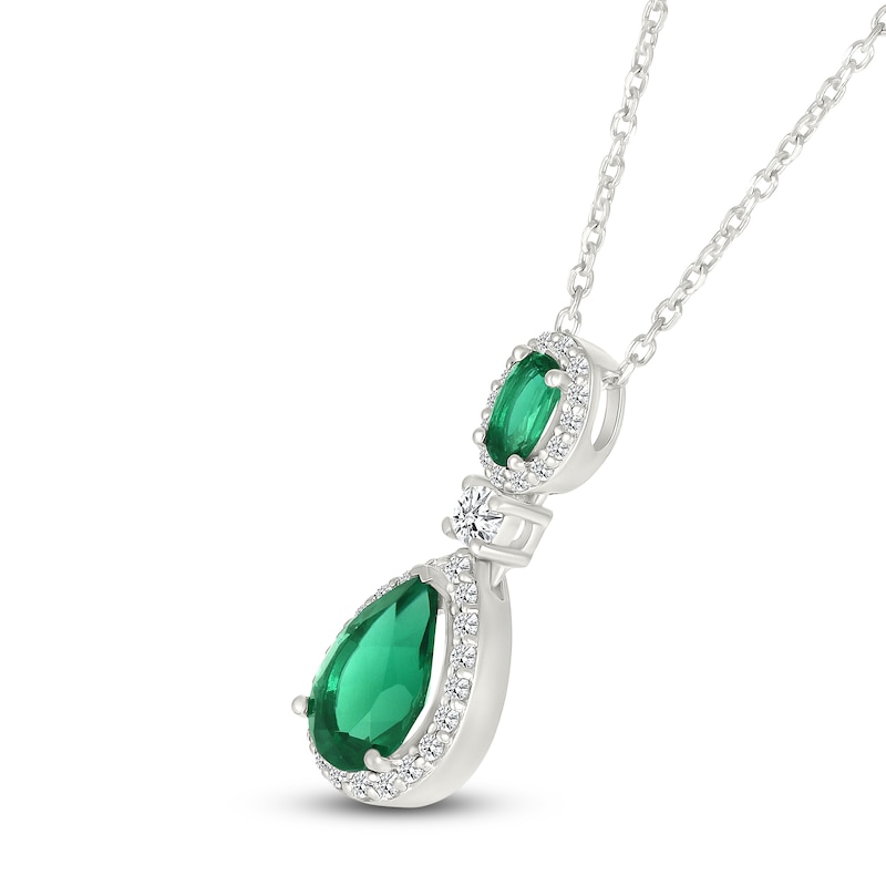 Main Image 2 of Oval-Cut & Pear-Shaped Lab-Created Emerald & White Lab-Created Sapphire Drop Necklace Sterling Silver 18"