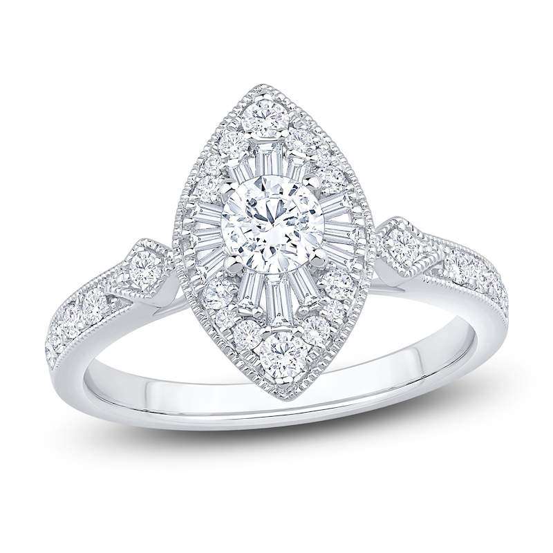 Main Image 1 of Baguette & Round-Cut Multi-Diamond Marquise-Shaped Fashion Ring 3/4 ct tw 14K White Gold