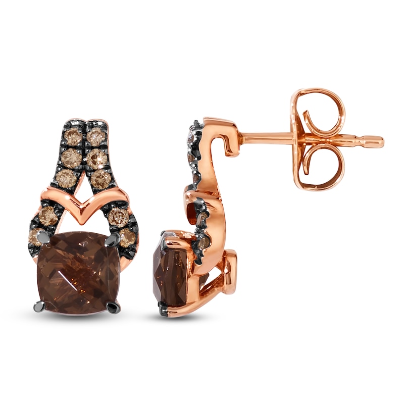 Main Image 1 of Le Vian Cushion-Cut Natural Chocolate Quartz Earrings 1/8 ct tw Diamonds 14K Strawberry Gold
