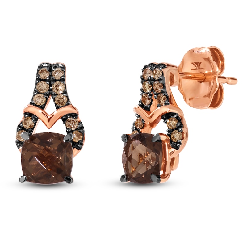Main Image 2 of Le Vian Cushion-Cut Natural Chocolate Quartz Earrings 1/8 ct tw Diamonds 14K Strawberry Gold