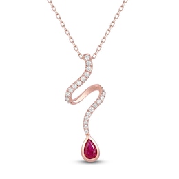 Pear-Shaped Natural Ruby & Diamond Ribbon Necklace 1/4 ct tw 14K Rose Gold 18"