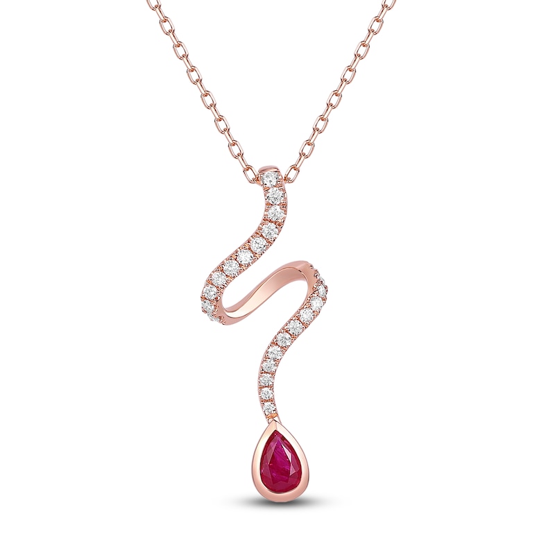 Main Image 1 of Pear-Shaped Natural Ruby & Diamond Ribbon Necklace 1/4 ct tw 14K Rose Gold 18"