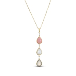 Pear-Shaped Natural Pink Opal, Natural Mother-of-Pearl & Natural Moonstone Necklace 1/20 ct tw Diamonds 14K Yellow Gold 18"