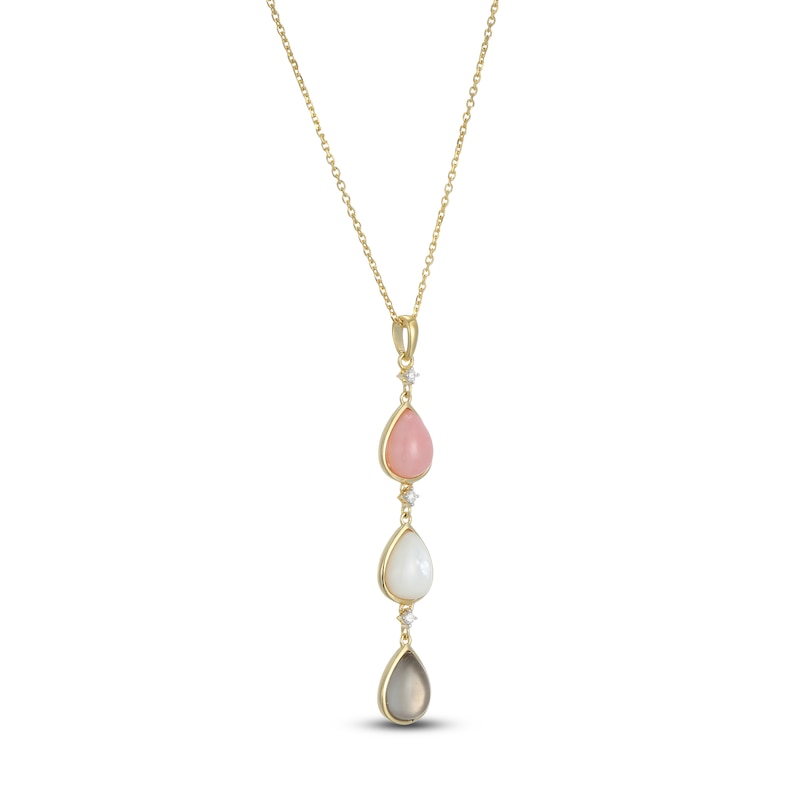 Main Image 2 of Pear-Shaped Natural Pink Opal, Natural Mother-of-Pearl & Natural Moonstone Necklace 1/20 ct tw Diamonds 14K Yellow Gold 18"