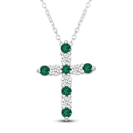 Lab-Created Emerald & White Lab-Created Sapphire Cross Necklace Sterling Silver 18"