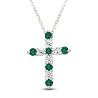Lab-Created Emerald & White Lab-Created Sapphire Cross Necklace Sterling Silver 18"