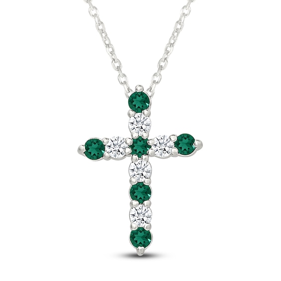 Lab-Created Emerald & White Lab-Created Sapphire Cross Necklace Sterling Silver 18"