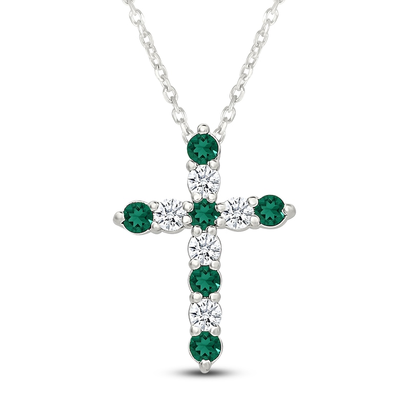 Main Image 1 of Lab-Created Emerald & White Lab-Created Sapphire Cross Necklace Sterling Silver 18"