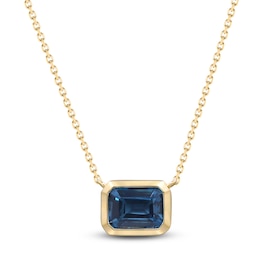 Rectangle-Cut Natural London Blue Topaz & Diamond Necklace 1/20 ct tw 10K Yellow Gold 18"